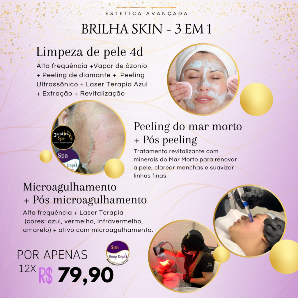 Limpeza de pele 4D
peeling do mar morto
microagulhamento + pós microagulhamento
ozonio
